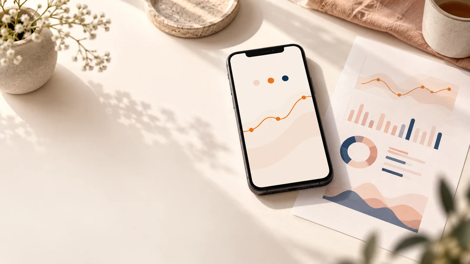Phone with a symptom trend beside a printed chart report on a cream desk